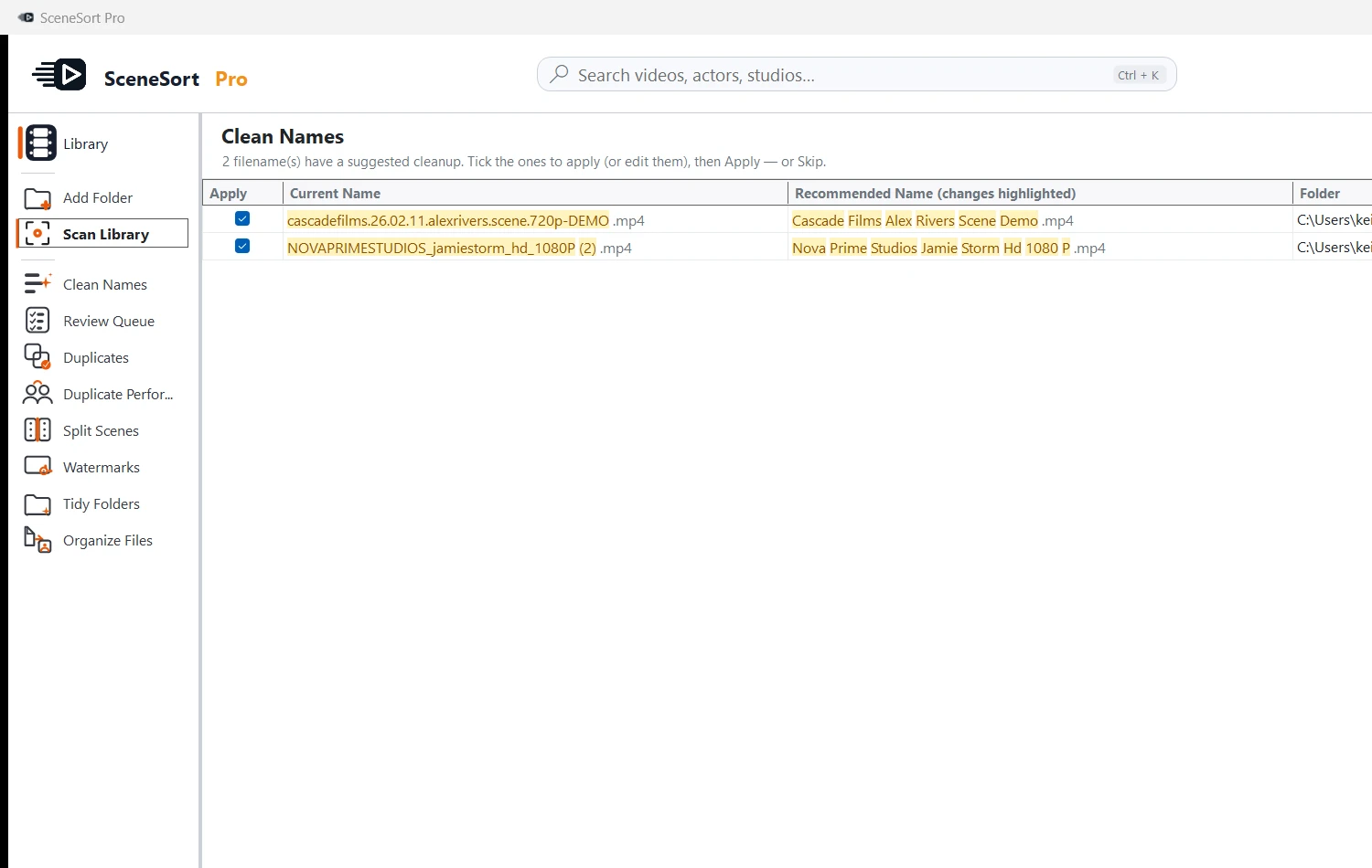 Clean Names — original versus cleaned filenames side by side